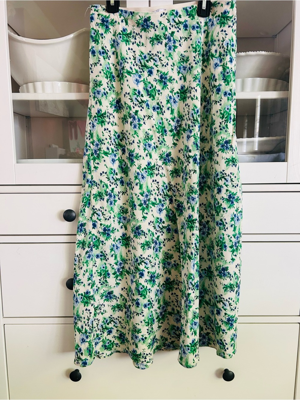 Mango Floral Midi Skirt in White, Green and Blue S/M